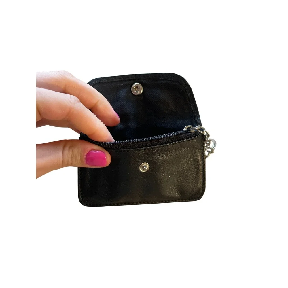 Black Leather Coin Purse Keychain Small Snap Flap Zippered Pouch Wallet Mini